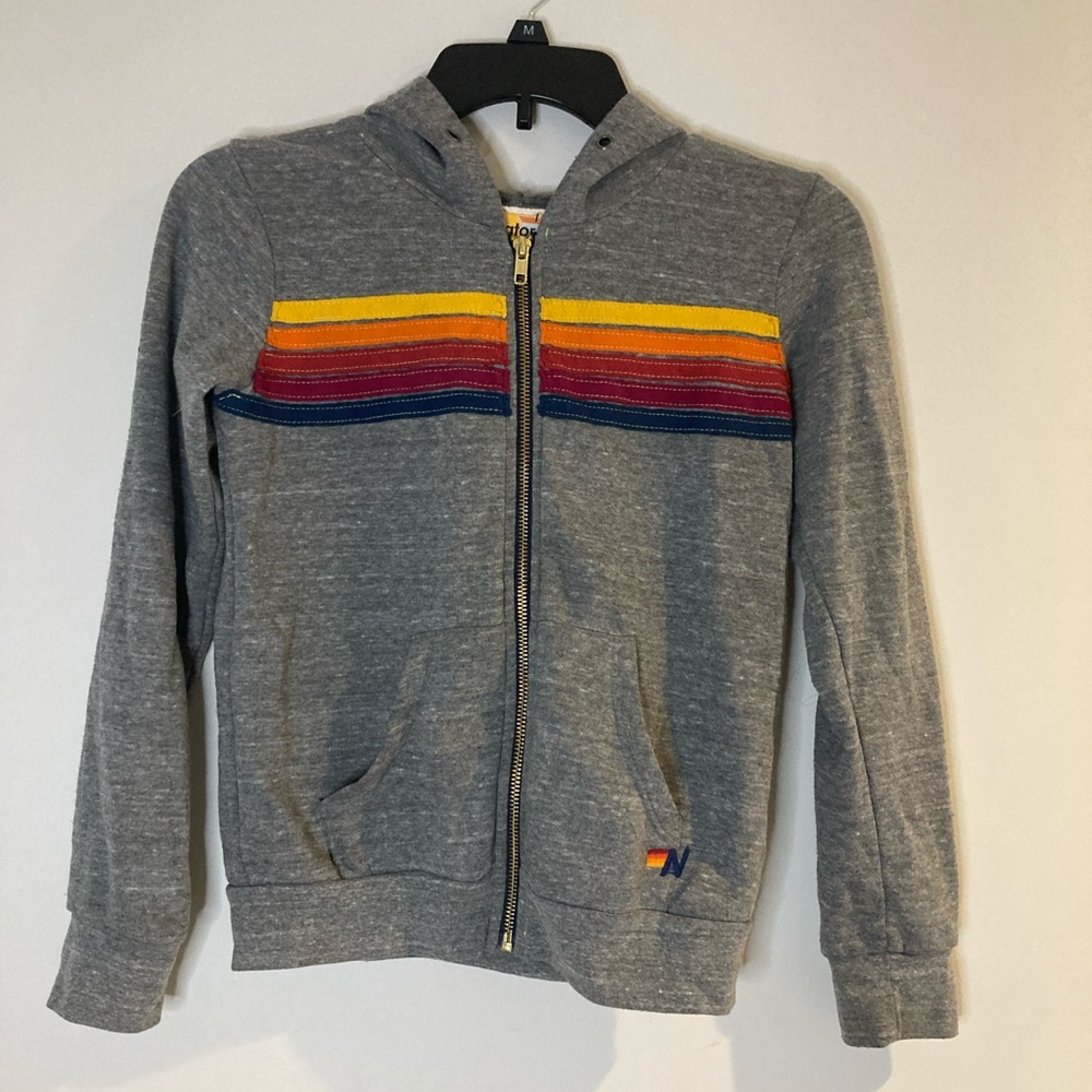 Aviator Nation Kids 5 Stripe Zip Up Hoodie - Heather Gray